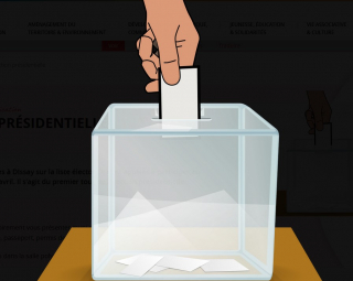 Dessin d'une urne électorale avec une main qui glisse un bulletin de vote à l'intérieur