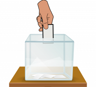 Dessin d'une urne électorale avec une main qui glisse un bulletin de vote à l'intérieur